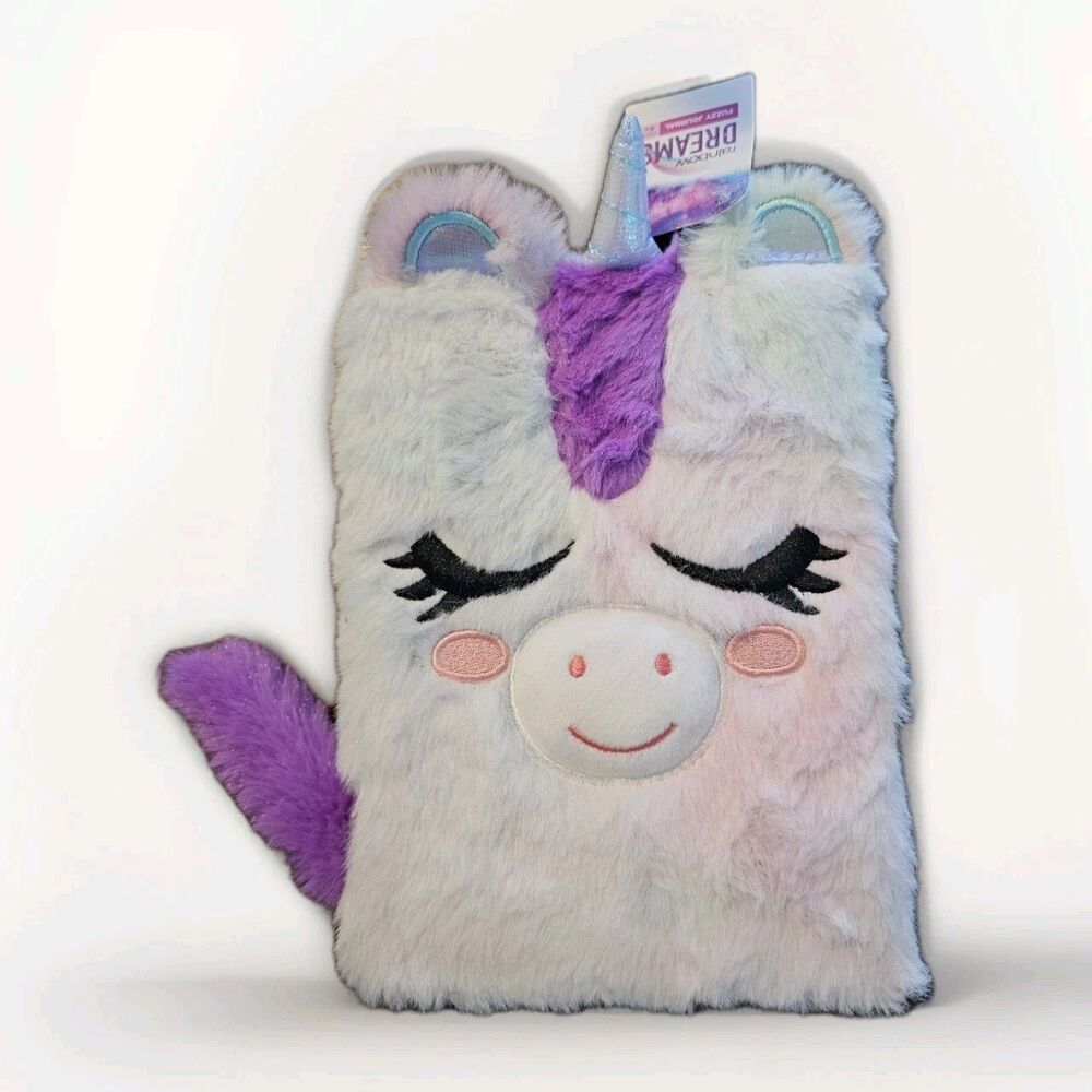 Colorful Faux Fur UNICORN & Rainbow Covered Hardcover Diary Notebook Journal NWT